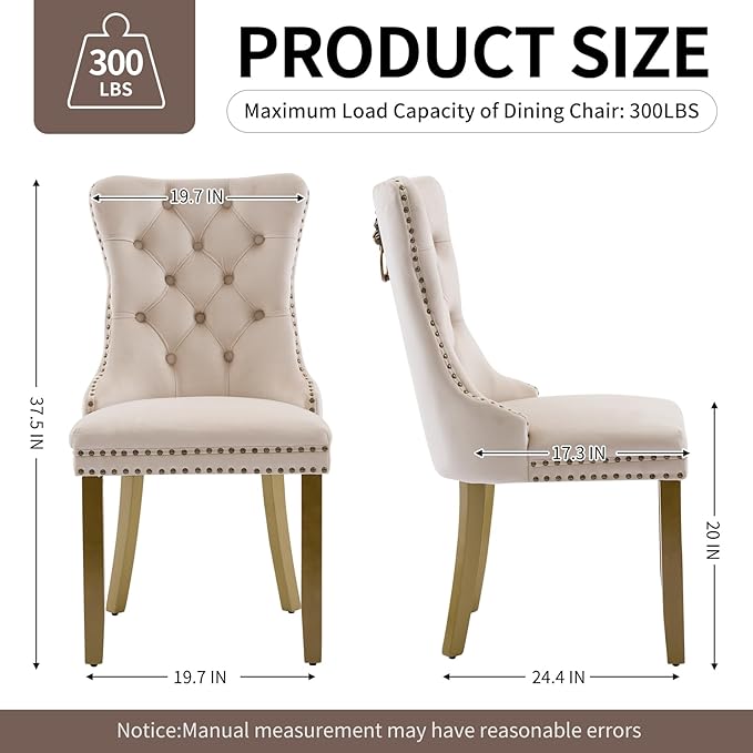 Beige Velvet Dining Chairs Set of 4, Upholstered with Lion Head Pulls and Golden Solid Wood Legs, Modern Button Tufted Kitchen Chairs for Dining Room