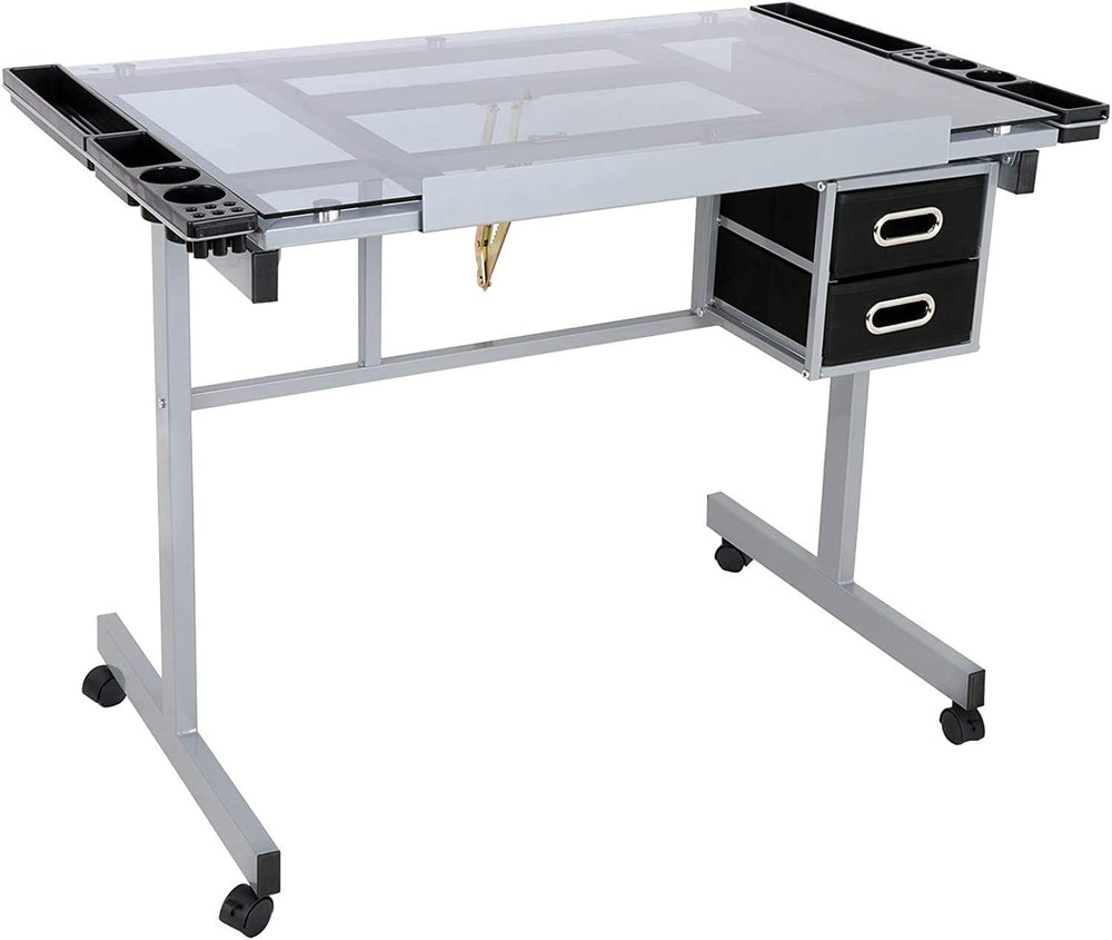 HomGarden Adjustable Drafting Drawing Table Desk Tempered Rolling Glass Top A...