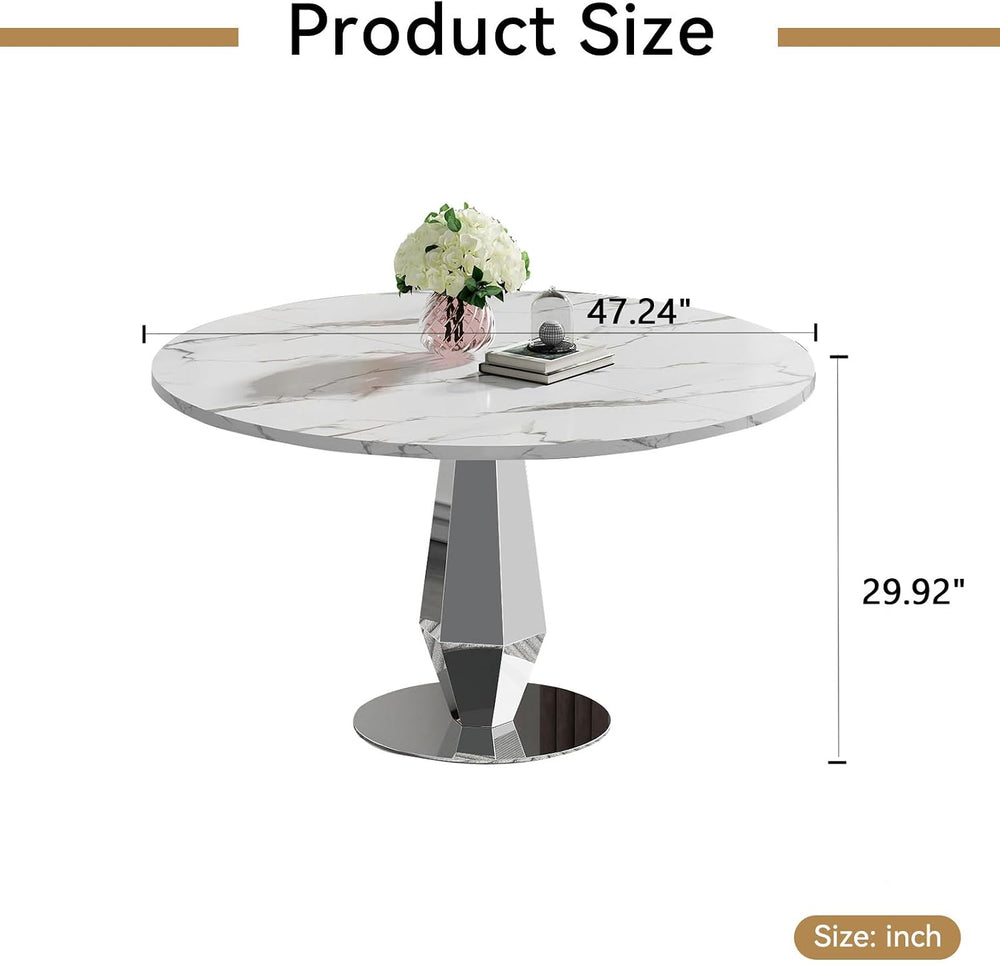 Henf Modern Round Dining Table for 4-6 White Silver 47" Faux Marble Kitc...