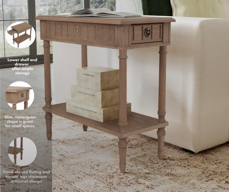 East at Main Narrow End Table with Drawer & Shelf, Solid Wood Slim Side T...