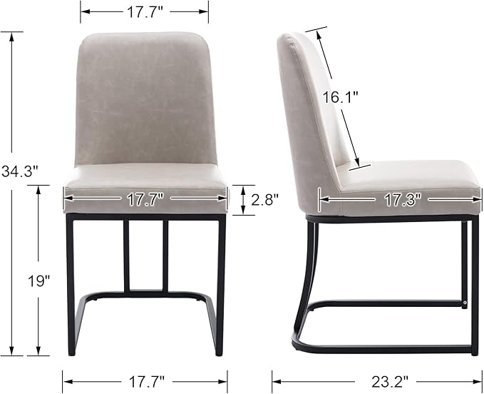 Grey PU Leather Dining Chairs Set of 2 Mid Century Modern Comfortable Dining Room Chair with Curved Backrest, Upholstered Kitchen Side Chairs with Black Metal Legs