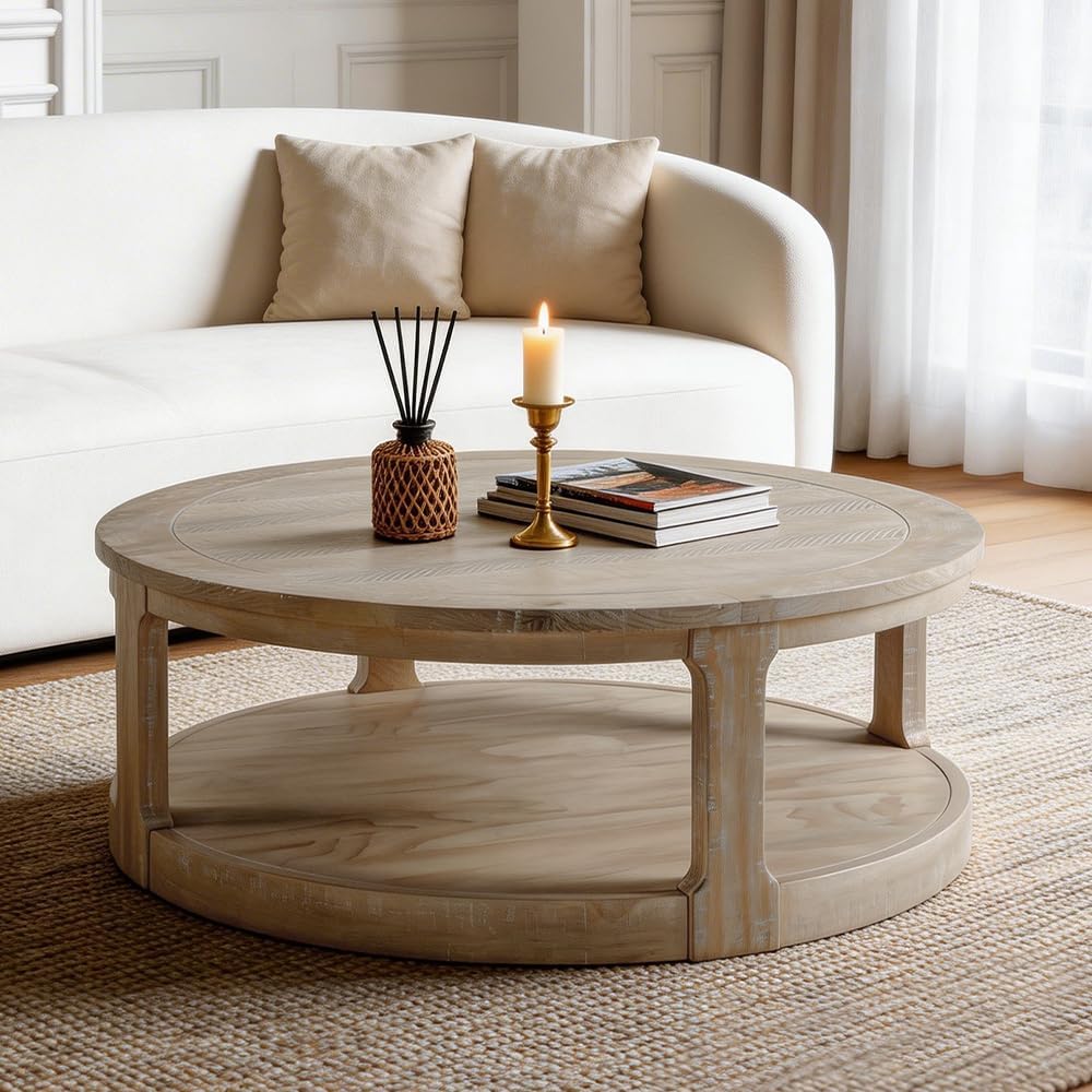 WILLIAMSPACE 40" Round Coffee Table with Wheels, Circle 2 Tier Solid Woo...