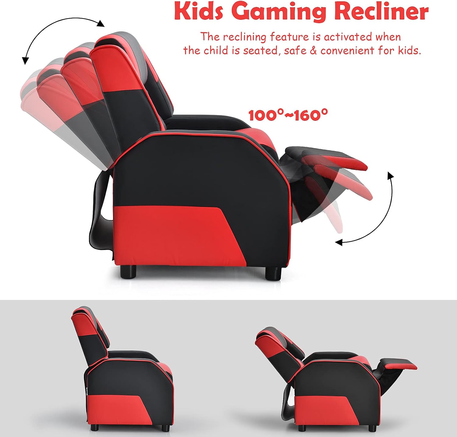 Kids Recliner, PU Leather Kid Lounge Chair w/Footrest, Armrest, Headrest & Lumbar Support, Adjustable Gaming Toddler Sofa Armchair for Boys Girls (Red)