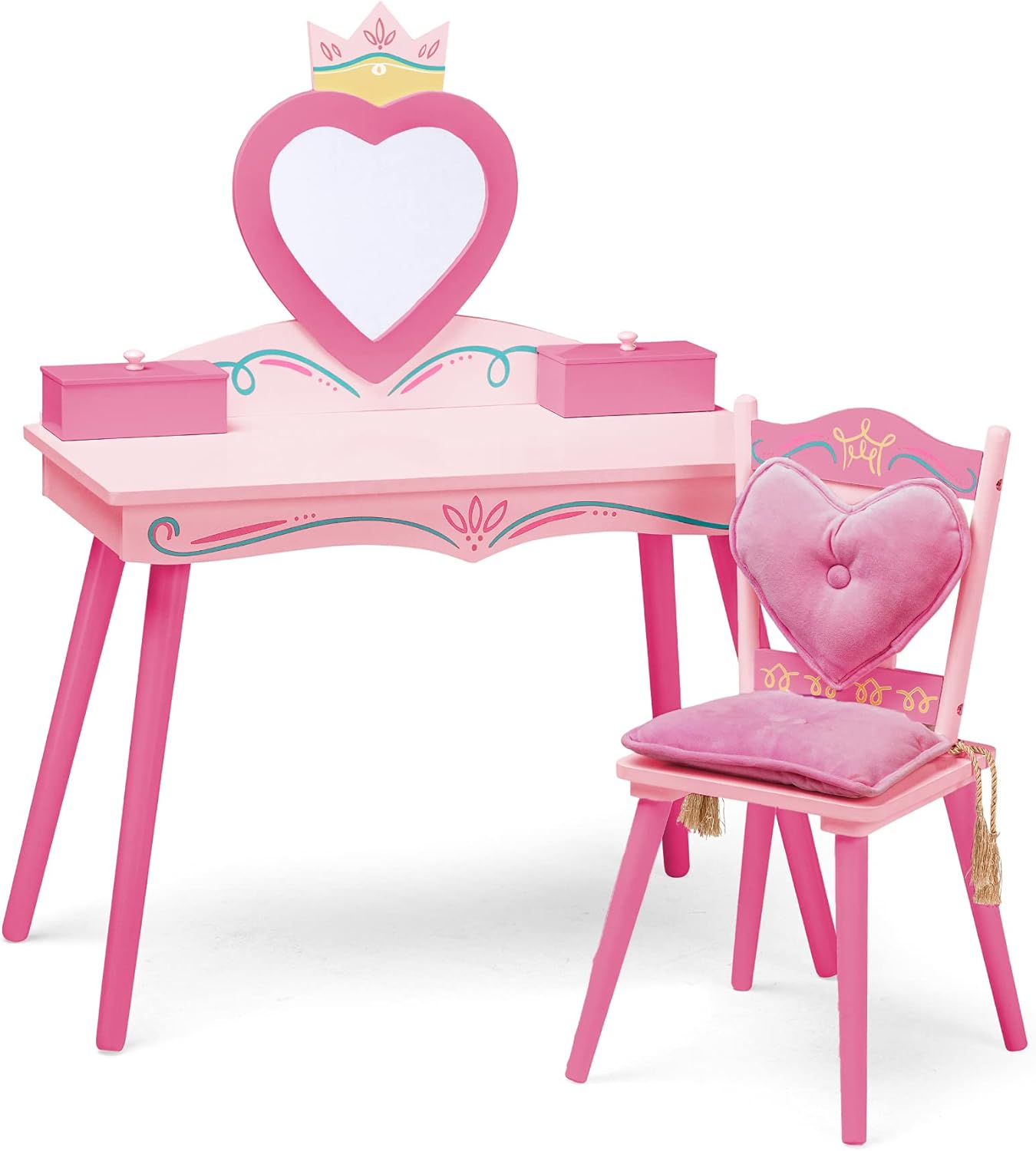 Wildkin Kids Princess Vanity & Chair Set – Wooden Vanity for Girls with Mirror, Jewelry Box & Music Box, with Removable Cushioned Chair - Pink