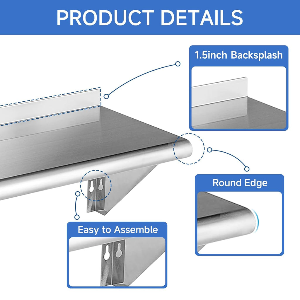 ROCKPOINT Stainless Steel Shelf 12 x 48 Inches 350lb, NSF Metal Commercial Shelves Wall Mount Floating Shelving with Backsplash for Restaurant, Kitchen, Home and Hotel, Silver