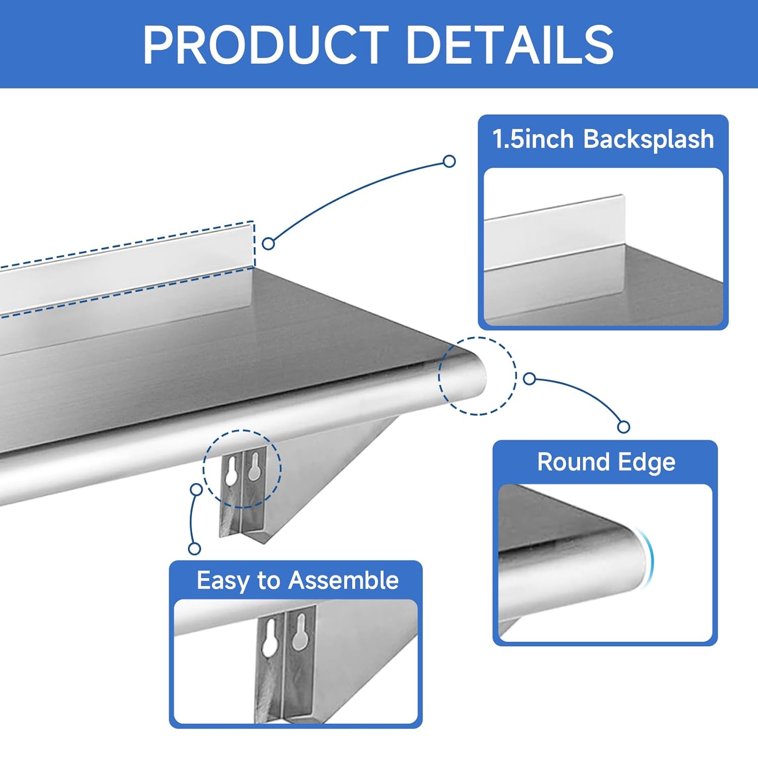 ROCKPOINT Stainless Steel Shelf 12 x 36 Inches 300lb, NSF Metal Commercial Shelves Wall Mount Floating Shelving with Backsplash for Restaurant, Kitchen, Home and Hotel, Silver