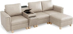SITJOY 105" Faux Leather Modular Sectional Sofa with Storage, Mid Century Modern Sectional Couches for Living Room, 4 Seat L Shaped Couch with Chaise and Console Table, Hidden Cupholders, Greige