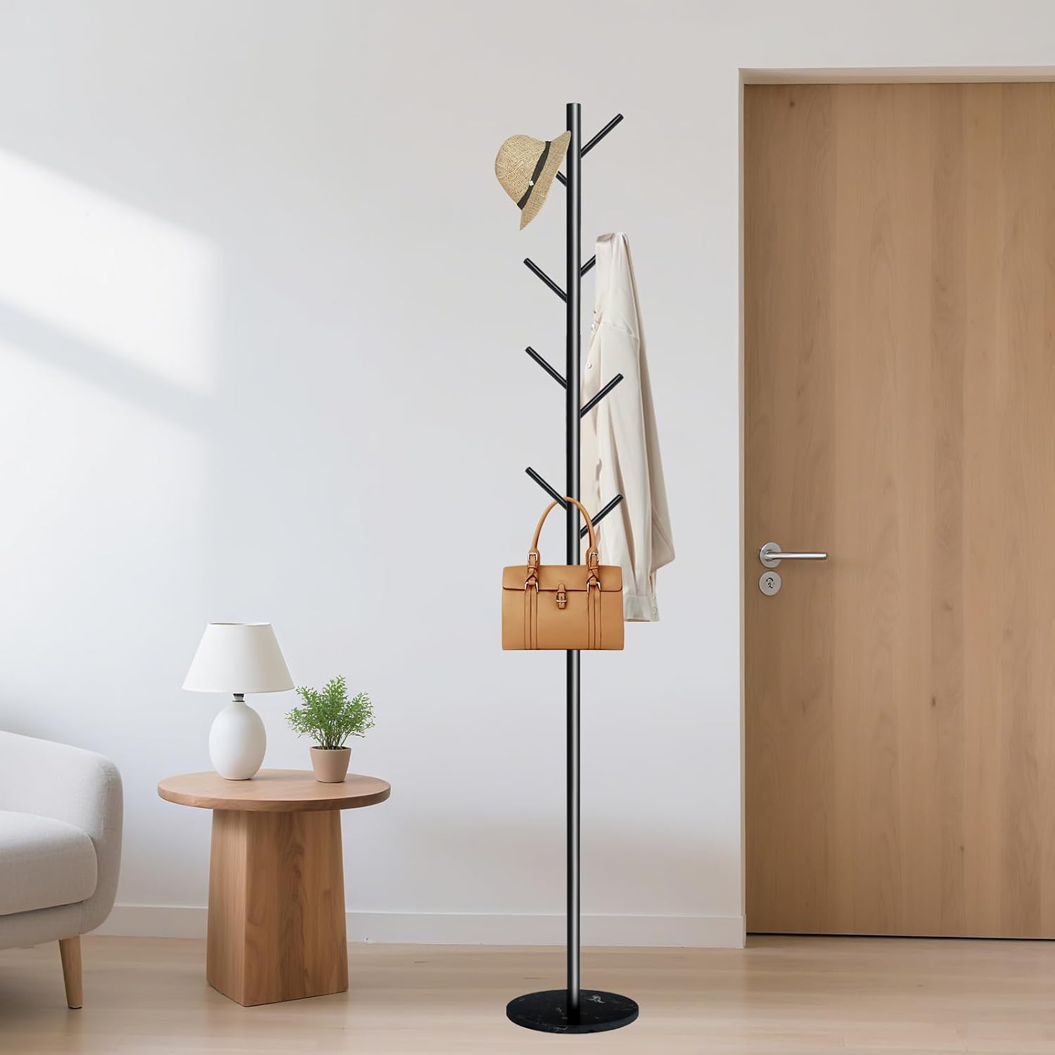 Coat Rack with Natural Marble Base, Metal Freestanding Coat Rack with 8 Hooks, Heavy Duty Coat Hanger Stand for Entryway, Office, Bedroom,Dorm for Coats, Hats, Handbags and Scarves(Black)