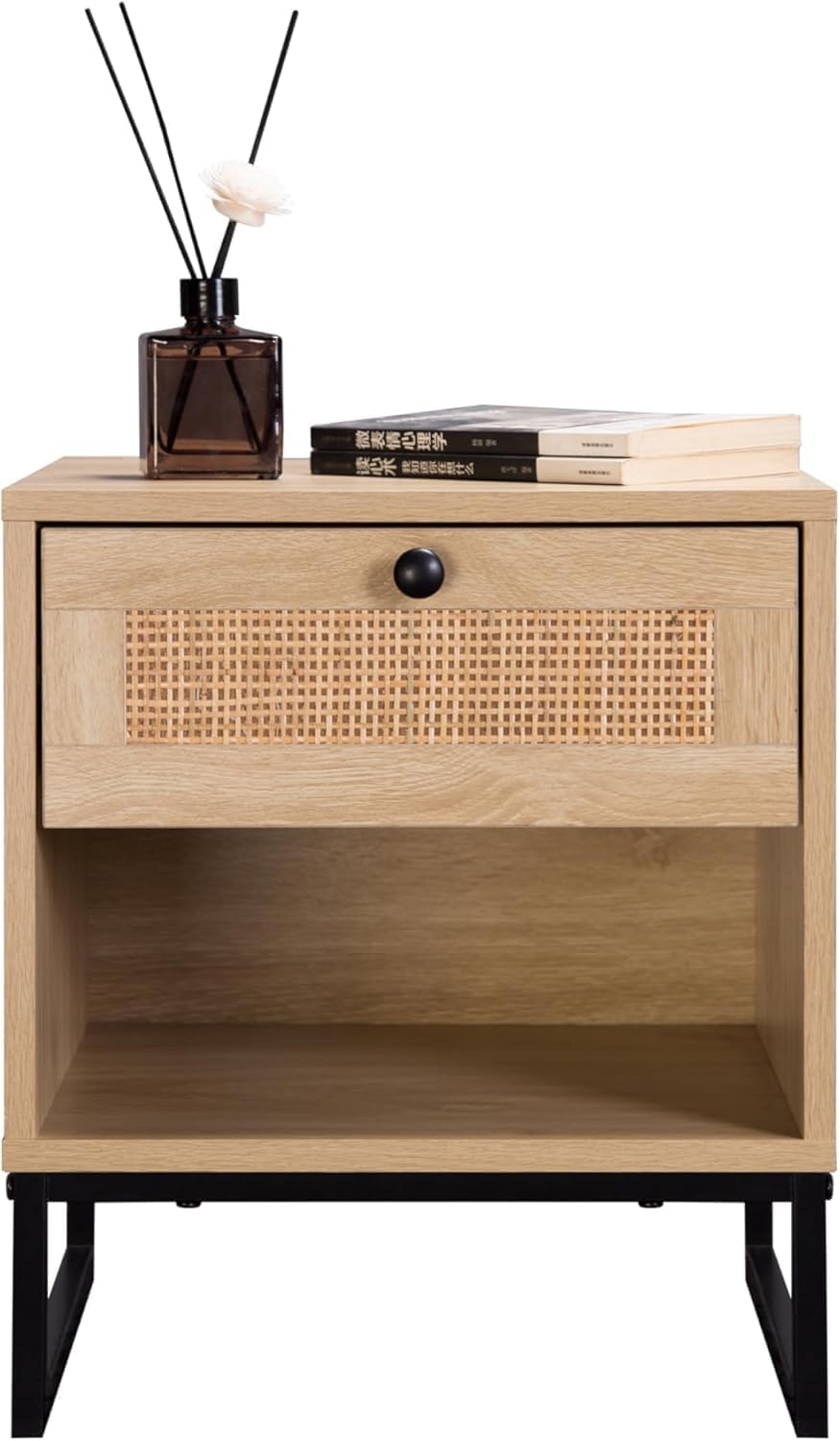 Birch Coastal Modern Side Table with Drawer Natural Wood Top with Black Metal...