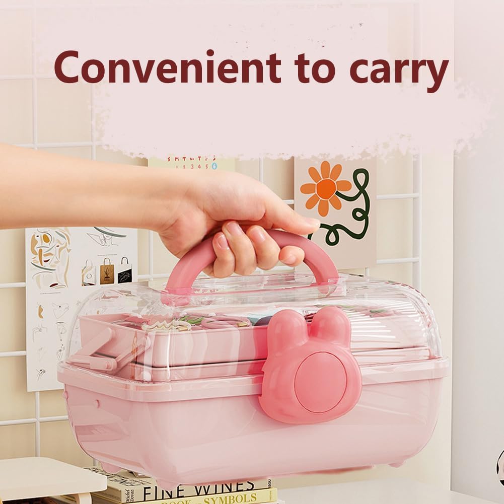 Cute Hair Accessories Organizer 3-Layers Kids Jewelry Storage Box Plastic Hair Accessories holder for Girls (Pink-Rabbit)