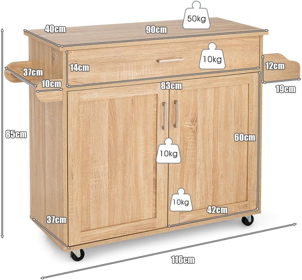 TANGZON Kitchen Island on Wheels, Rolling Storage Trolley with Large Cabinet, Drawer, Adjustable Shelf, Wood Worktop, Spice & Towel Rack, Utility Serving Cart for Dining Living Room (Natural)