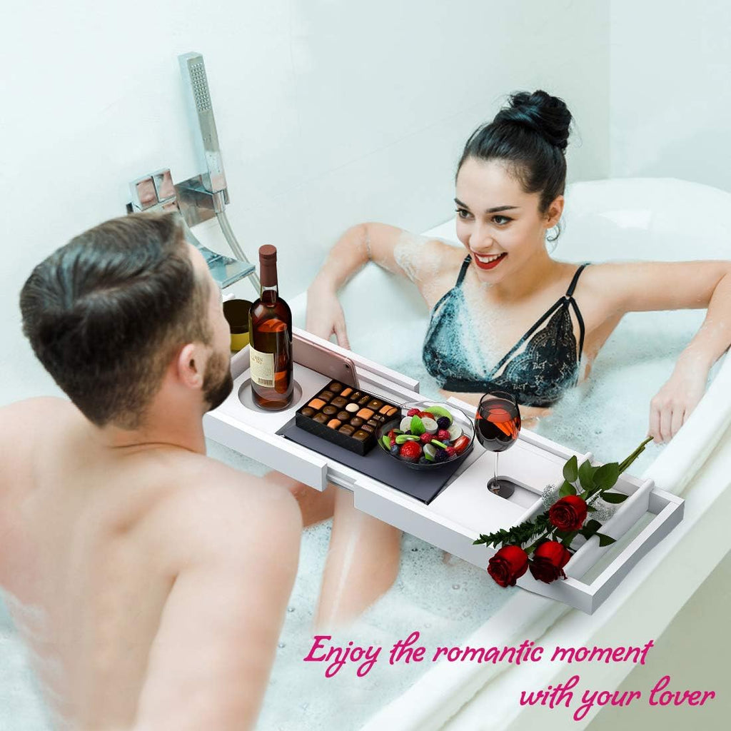 Bathtub Caddy Tray for Luxury Bath - Bamboo Waterproof Expandable Bath Table Over Tub with Wine and Book Holder and Free Soap Dish (White)
