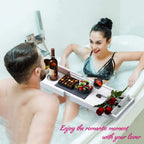 Bathtub Caddy Tray for Luxury Bath - Bamboo Waterproof Expandable Bath Table Over Tub with Wine and Book Holder and Free Soap Dish (White)