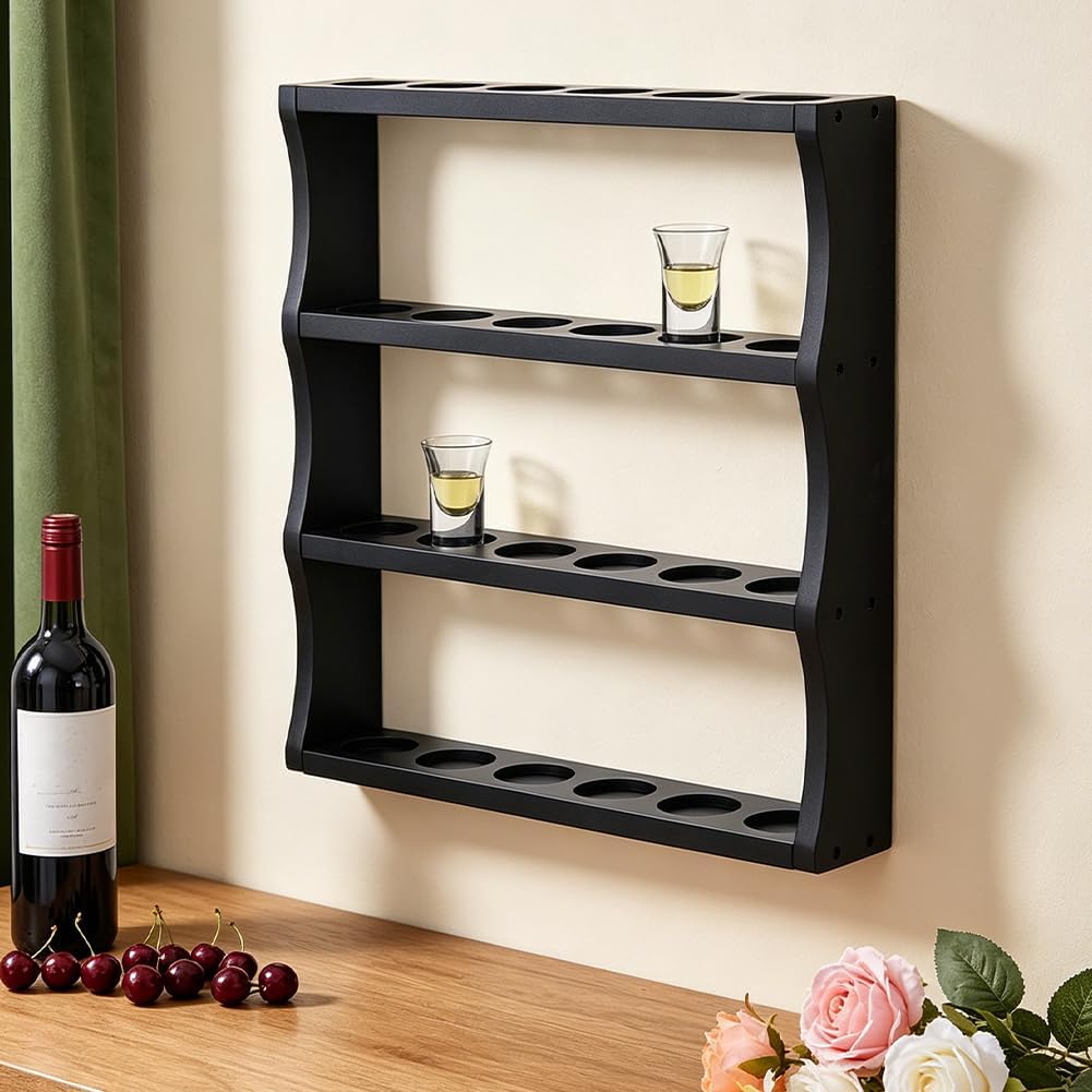 PH PandaHall Wooden Shot Glass Display Case, 4 Tier Wall-Mounted Display Shelf 24 Slots Shot Glass Holder Rack for Home Bar Kitchen Display Storage Gift, Black, 42x43x7.6cm
