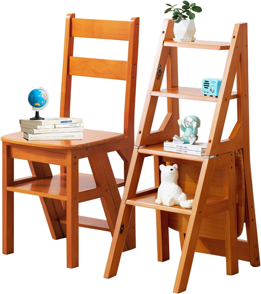 Solid Wood 3-in-1 Folding Ladder Chair, Convertible Step Stool & Display ...