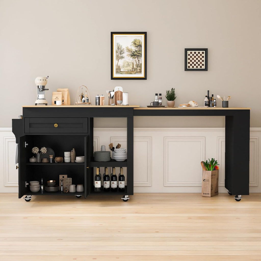 81.5" Kitchen Island with Extendable Dining Table, Rolling Kitchen Cart on Wheels with Spice Rack, Drawer and Door Cabinet for Dining Room, Black