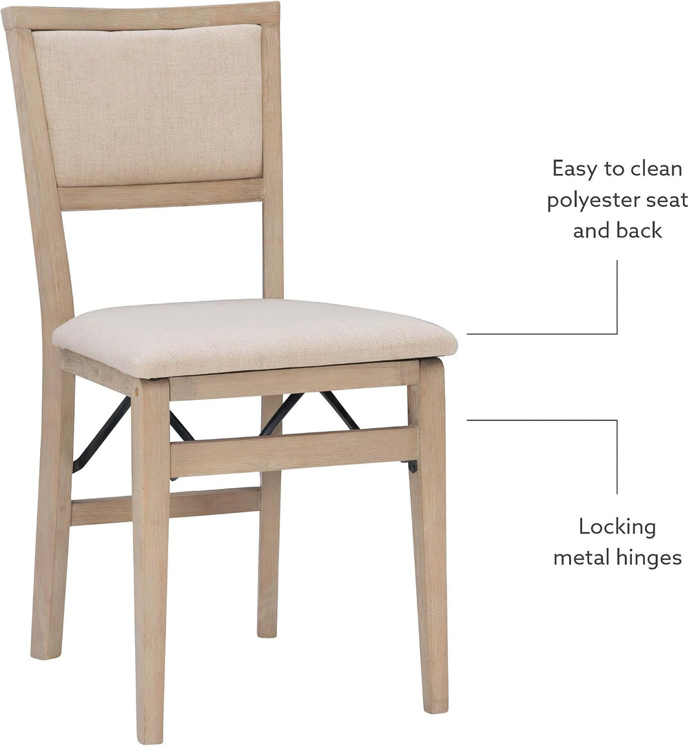 Linon Keira Natural Rustic Wooden Folding Chair with Beige Upholstered Seat a...