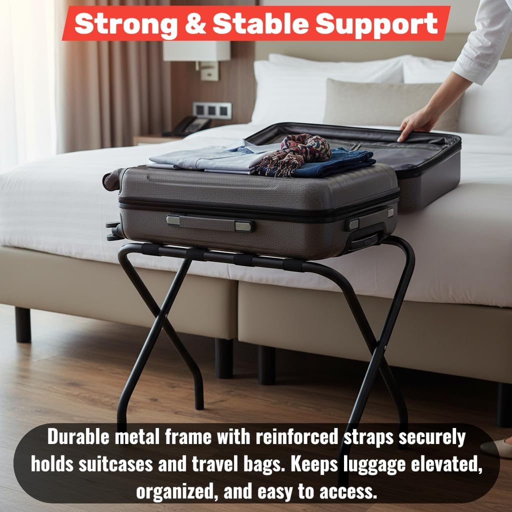 Folding Luggage Rack, Heavy-Duty Metal Frame, Foldable Suitcase Stand for Hotel Guest Room, Travel Bag Holder, Space-Saving Design (Chrome, With Back / Guard)