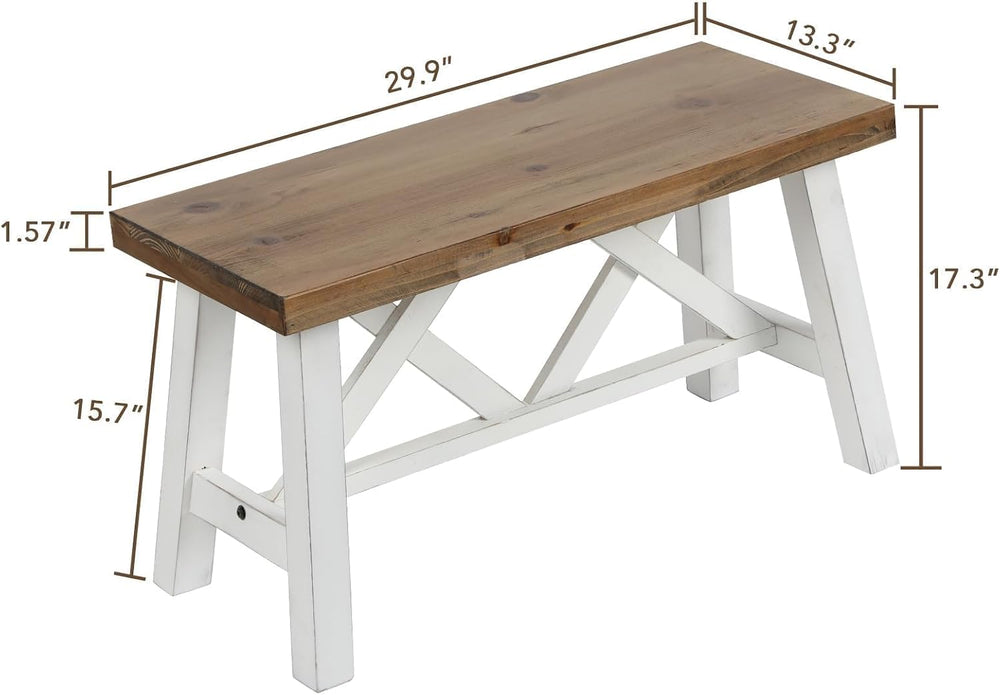 Wnutrees 30" Farmhouse Solid Wood Bench, Rustic Entryway Bench, White | ...
