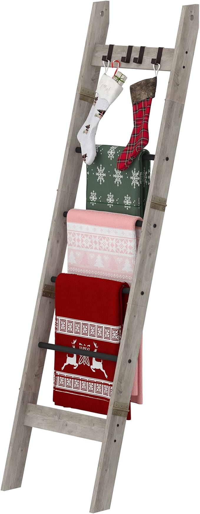 Blanket Ladder for Living Room, Decorative Quilt Rack with 4 Removable Hooks, 6-Tier Farmhouse Ladder Holder Shelf Organizer for Bedroom, Greige and Black BR31505B