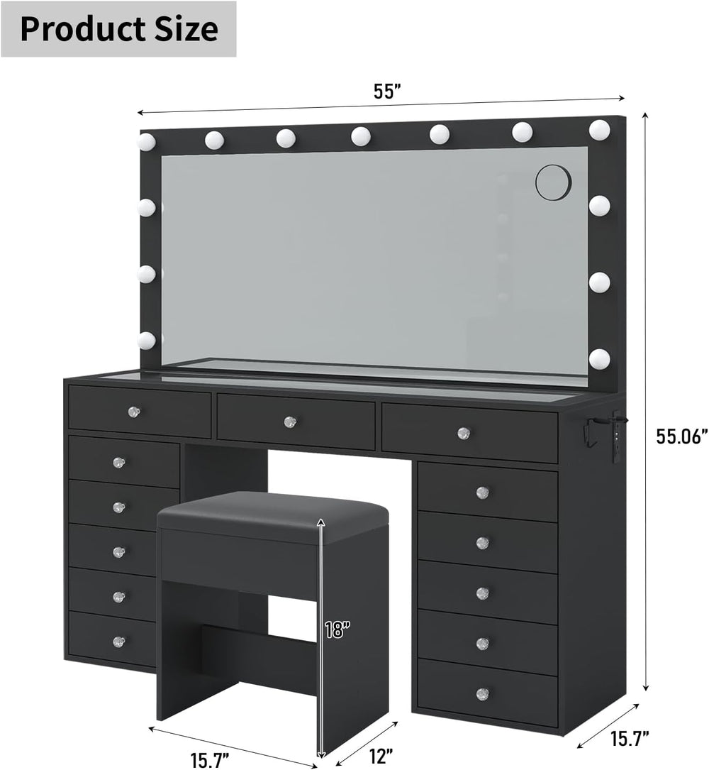 FUSOU Makeup Vanity with Power Outlet & Lighted Mirror, 13 Drawers Vanity...