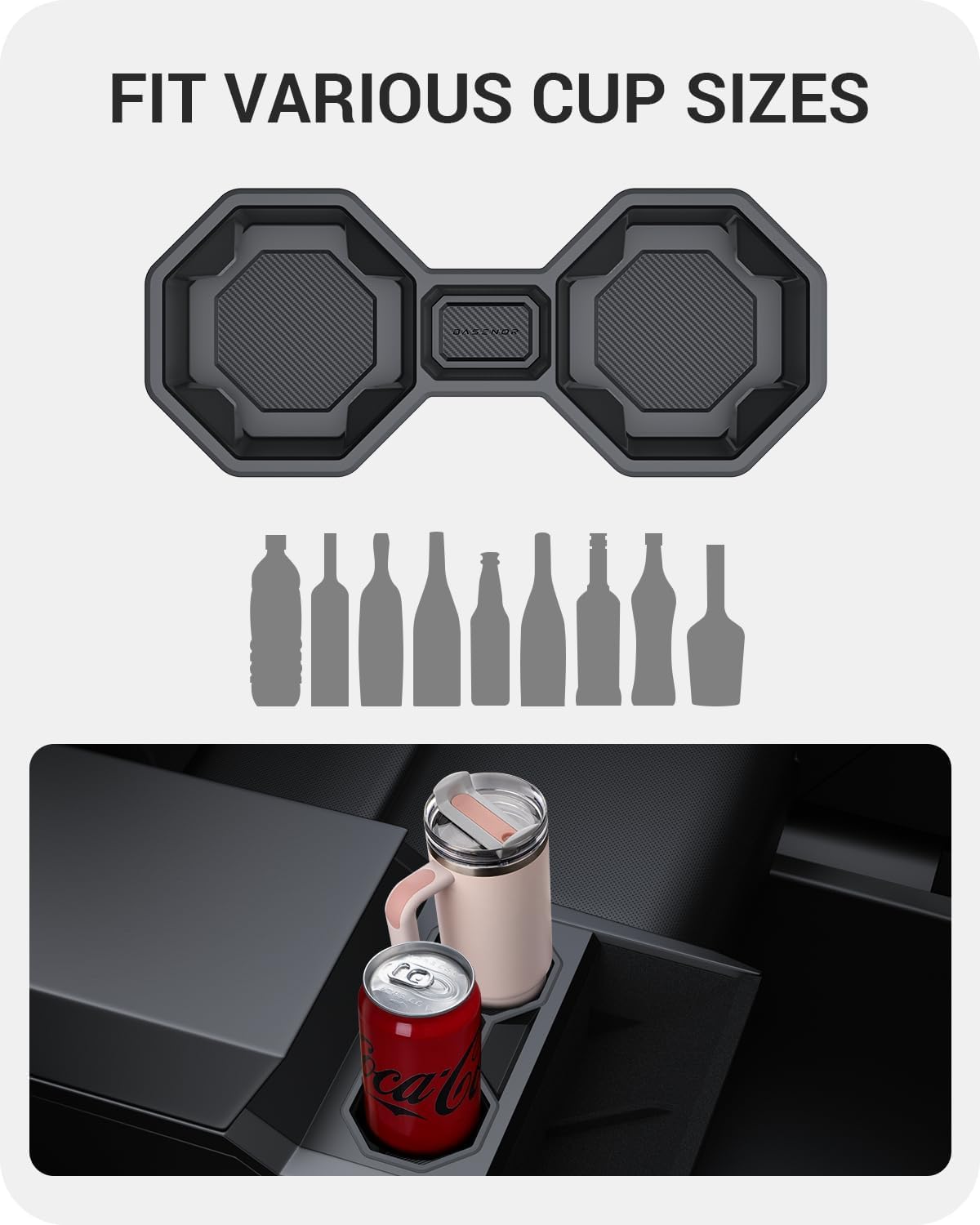 BASENOR 2024 2025 Tesla Cybertruck Center Console Cup Holder Insert [Carbon Edition] Silicone Non-Slip Car Drink Holder Cybertruck Interior Accessories