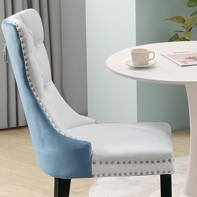 3-Pieces 31.5" Round Dining Table Set for 2, White Dining Table & PU & Velvet Upholstered Dining Chairs Set of 2 for Kitchen Dining Room Apartment Small Space(Blue & White Chairs)