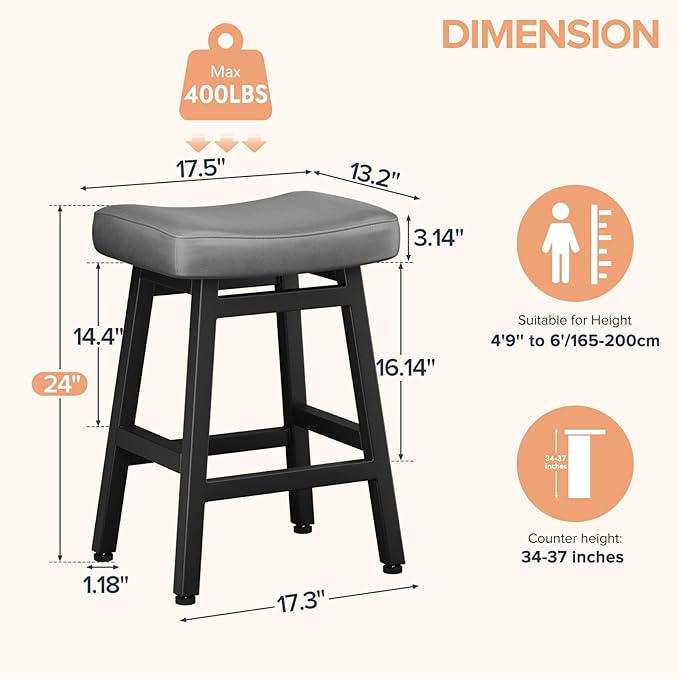 Counter Height Bar Stools Set of 2, 24 Inch Barstools for Kitchen Counter, Ki...