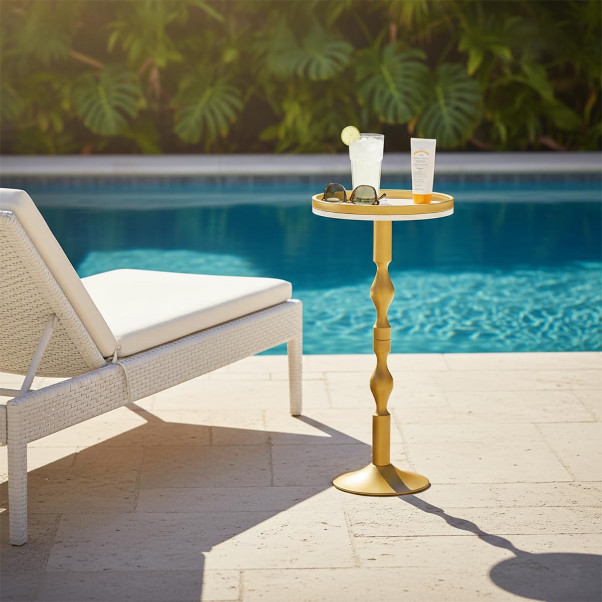 Small Round Gold Side Table,Drink Table with Weighted Base,Modern White & Gold Pedestal End Table with Tray Top Edge for Small Spaces, Living Room, Next to Sofa,27 "Tall