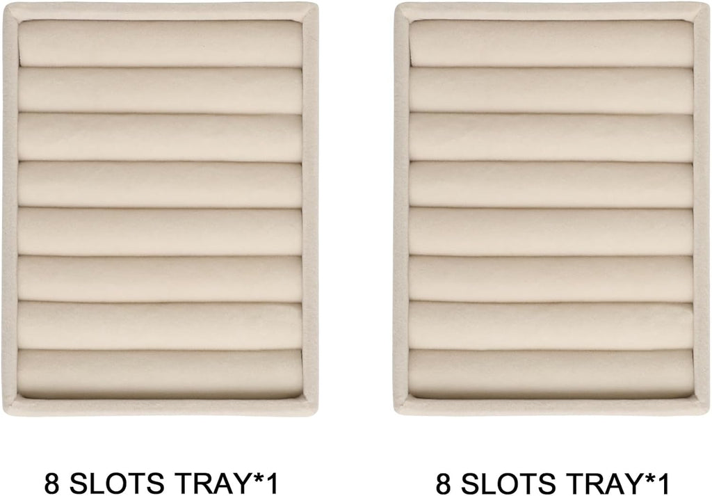 Frebeauty Small Jewelry Tray Set,Velvet Ring Organizer,Stackable Jewelry Organizer Tray,Mini Jewelry Drawer Organizer,4.92 x 3.74 x 0.9 Inches,7 Slots Ring Tray for Women(Set 2,Beige)