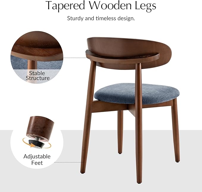 HULALA HOME Dining Chairs Set of 4 Mid-Century Modern Fabric Upholstered Dining Room Chairs Kitchen Side Chair with Open Curved Back, Walnut Rubber Wood Legs, Dinner Chairs for Living Room, Admiral