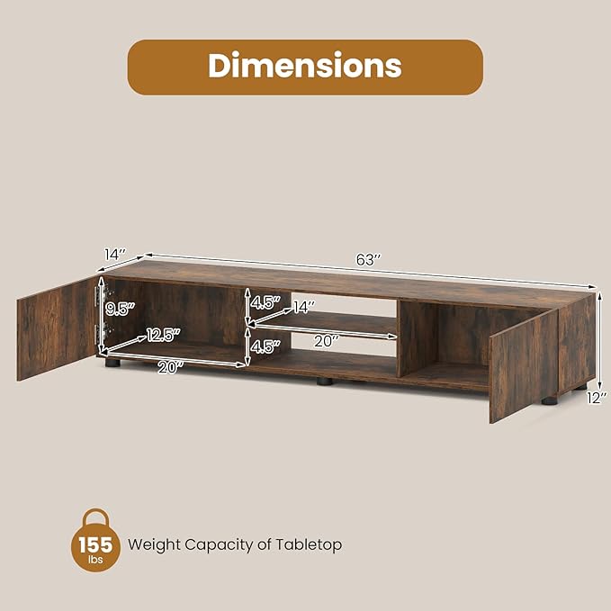 Tangkula Modern TV Stand for up to 70” TVs, 63”L Minimalist Entertainment Center w/ 2 Doors & Open Shelves, Media Console Table Storage Cabinet with 6 Support Feet for Living Room (Rustic Brown, 63”L)