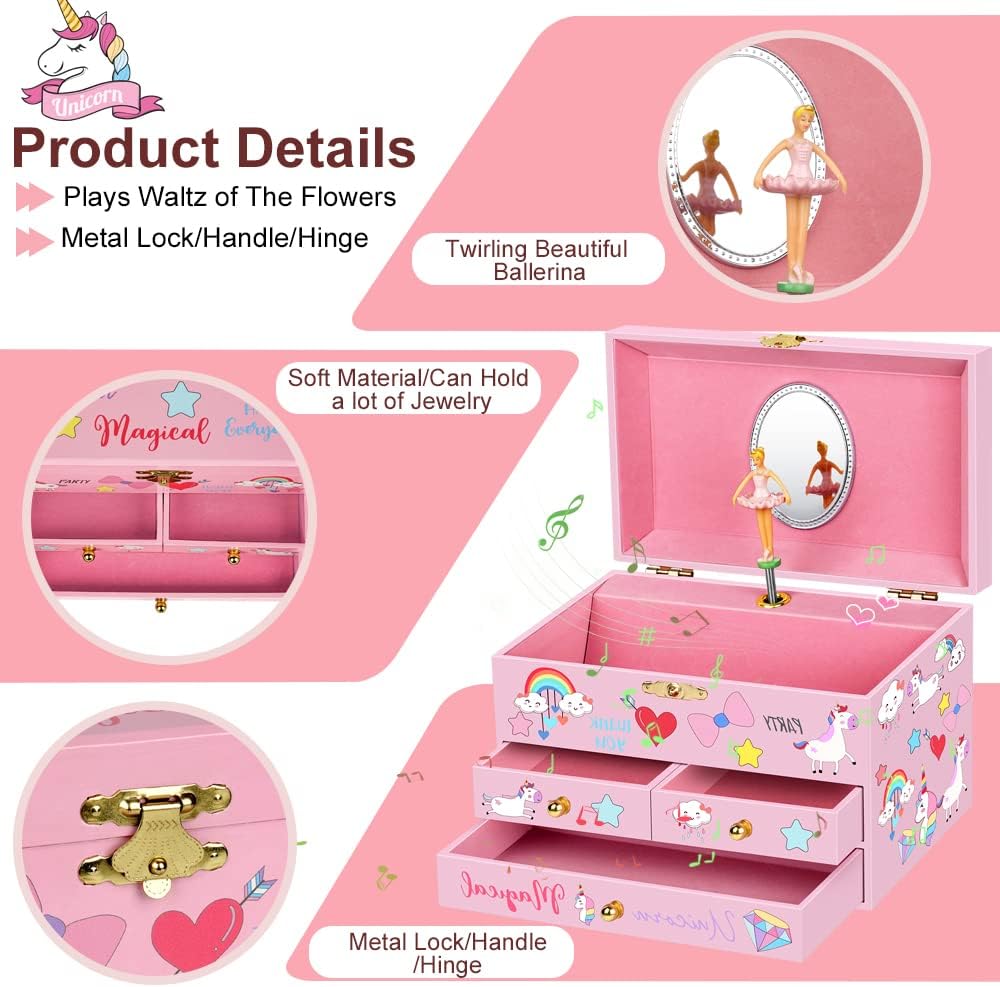 Musical Jewelry Box for Girls 7.5x4.8x4.5 inch with Spinning Ballerina Unicorn, 3 Pullout Drawers, Unicorn Jewelry Set Included Kids Music Box for Christmas Gift, Waltz of Flowers Tune