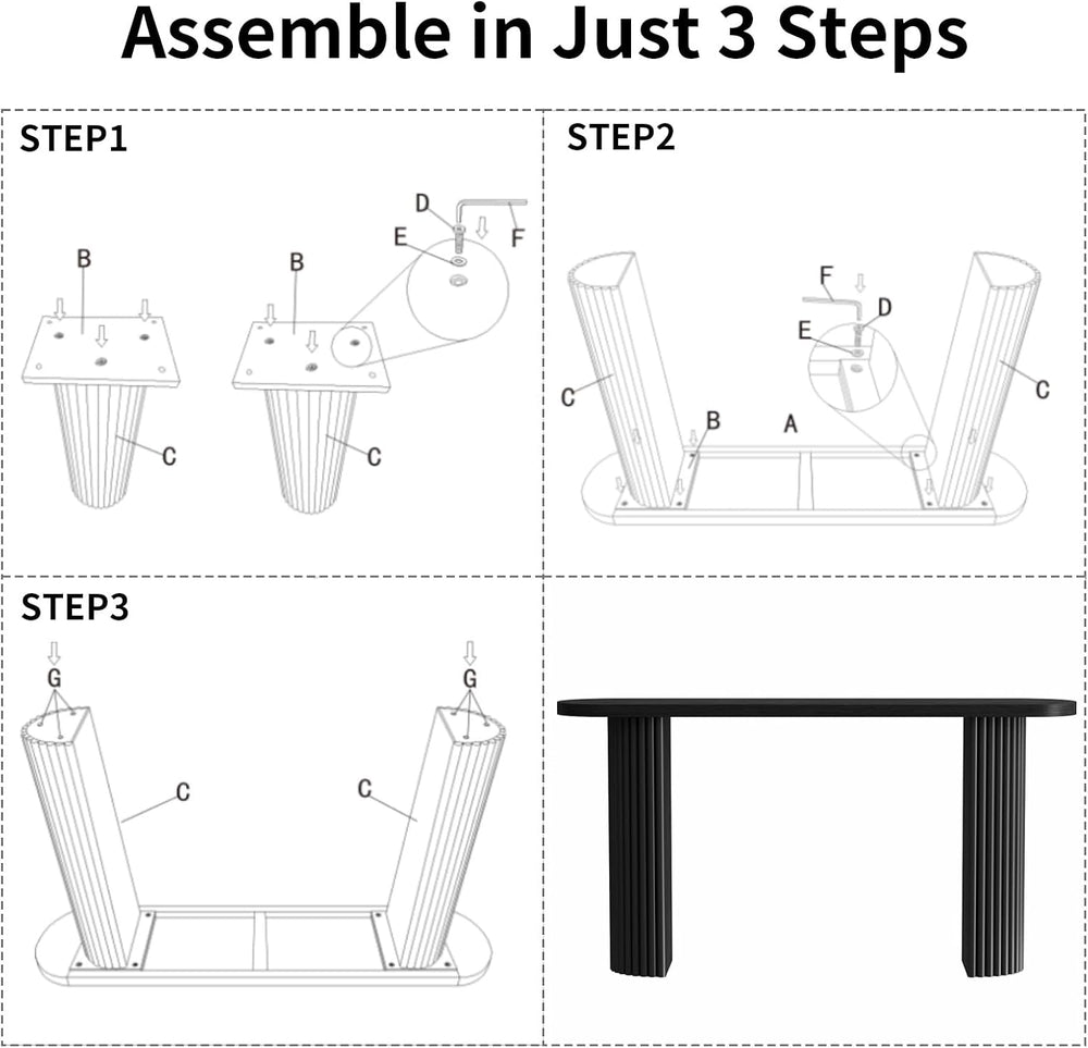 55" Long Fluted Solid Wood Console Table with Semi Circle Legs | Black, ...