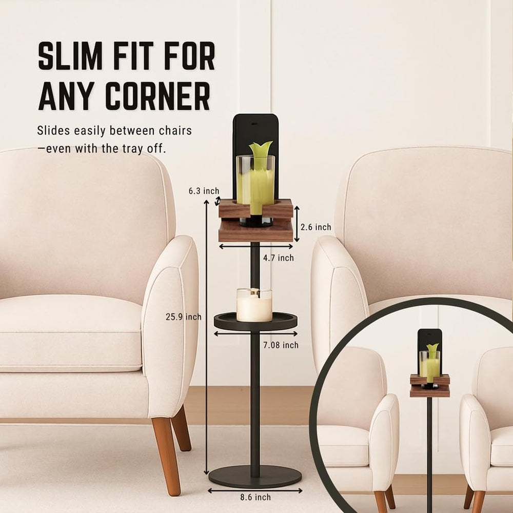 Drink Table for Small Spaces - Slim Pedestal Side Table with Real Wood Top &a...