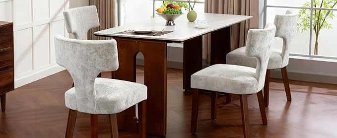 Soft Padded Dining Chairs Set of 4, Modern Farmhouse Upholstered Chairs with Linen Fabric & Rubber Wood Legs, Ergonomic Armless Seats for Dining Room Kitchen Living Room (Beige)