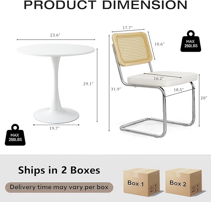 3-Piece 23.6" Round Dining Table Set for 2 with Upholstered Chairs – Space-Saving Modern Small Kitchen Cafe Bistro Set(White Velvet Chair)