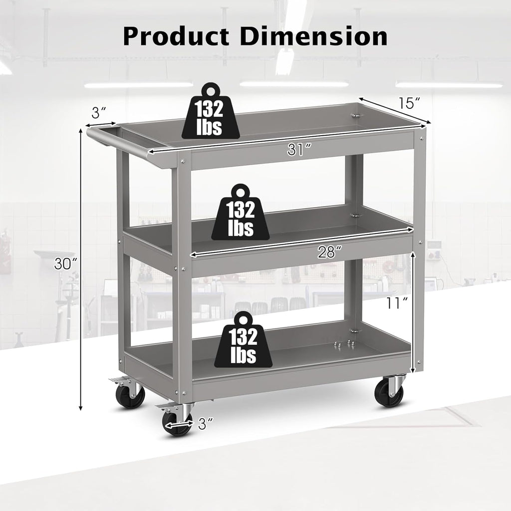 Goplus 3-Layer Service Utility Cart, Heavy Duty Unity Cart with Flat Handle, 2 Lockable Universal Wheel, 400 lbs Capacity, Rolling Tool Cart for Garage, Kitchen, Hotel, Office, Workshop Grey