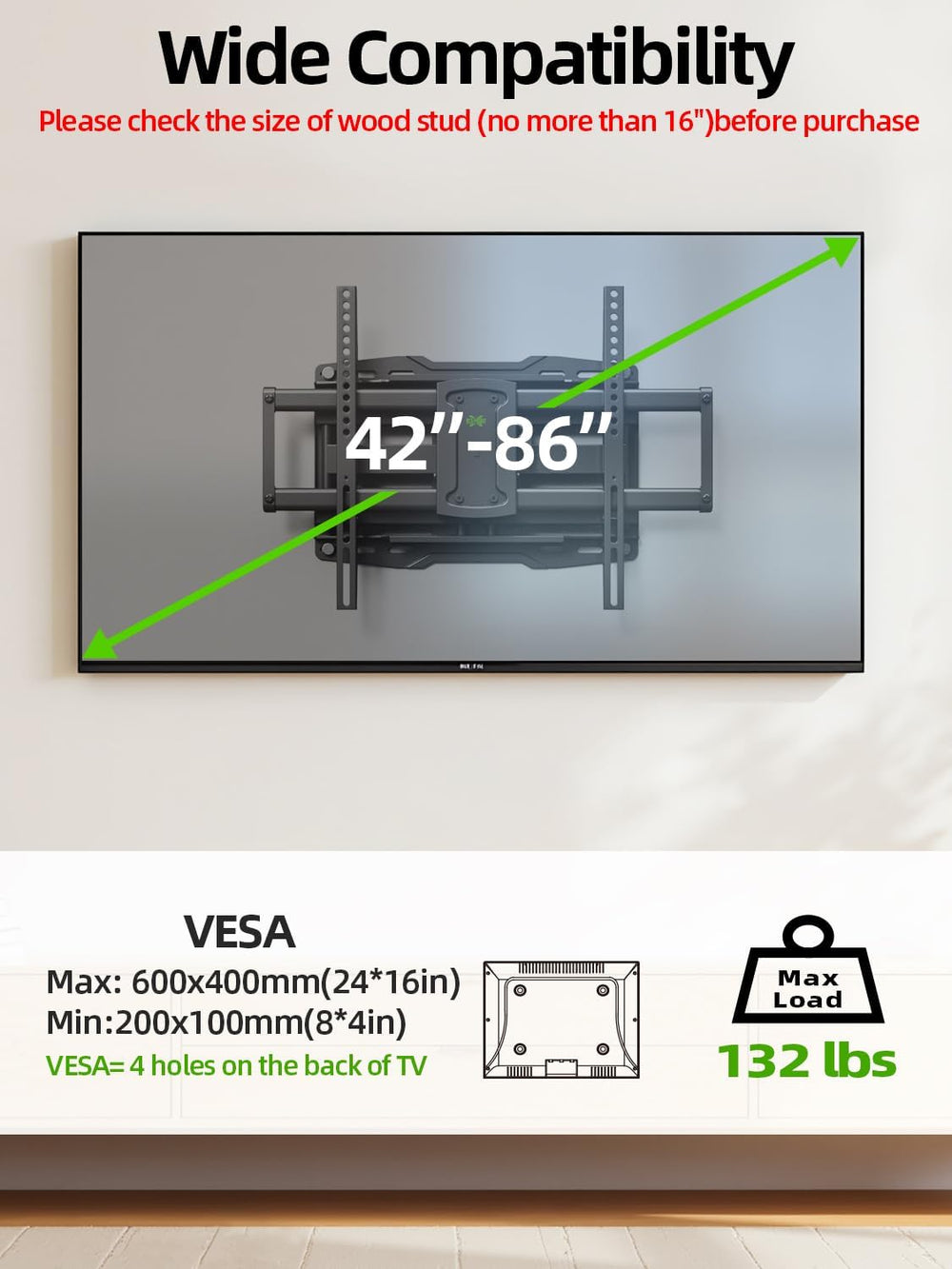 Full Motion TV Wall Mount for 42 55 65 75 85 86 inch, TV Mount Swivel and Til...