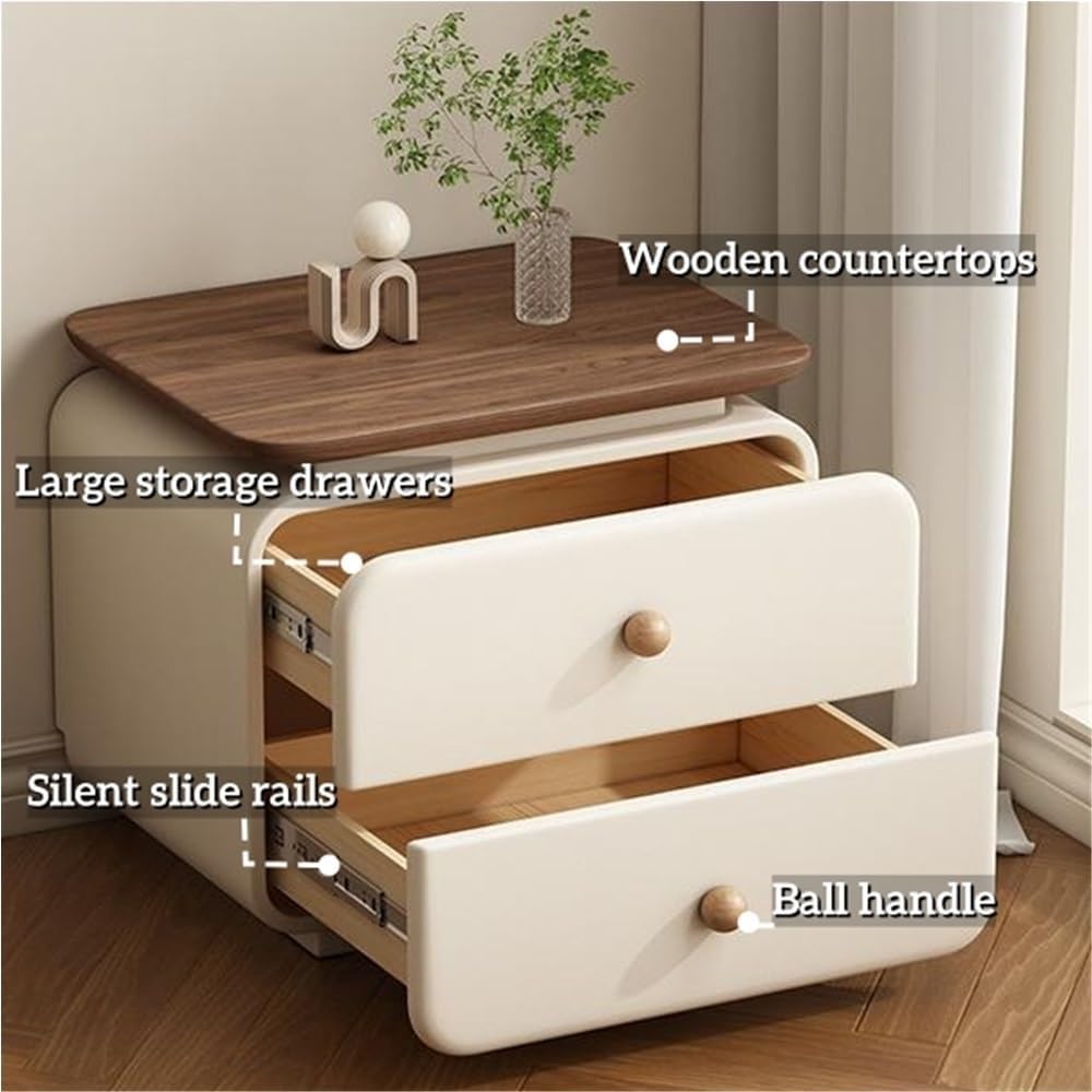 Leather Bedside Table with 2 Drawers, Vintage Wood Nightstand for Bedroom and...