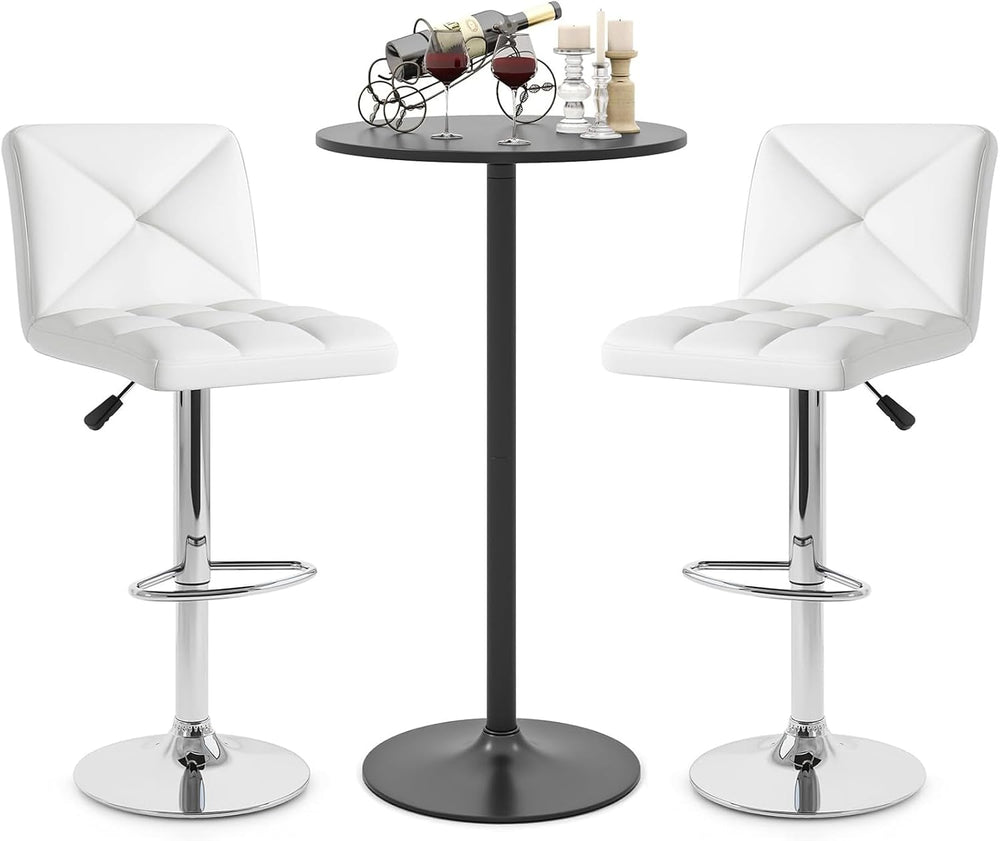 COSTWAY 3 Pieces Bar Table Set, Round Cocktail Table and PU Leather Adjustabl...