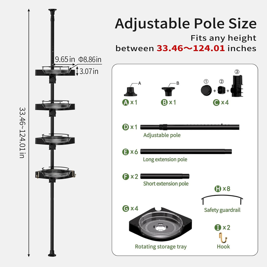 360° Rotating Corner Shower Caddy Tension Pole Organizer - 4-Tier Adjustable Rustproof Metal Pole, Plastic Shelves with Safety Guardrail, Bathroom Storage for Shower & Bathtub(Black)