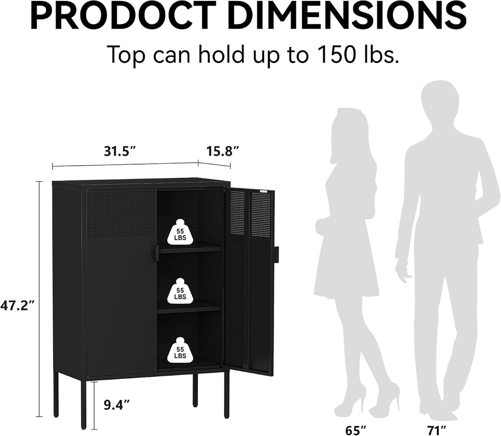 COFaR Black Metal Cabinet with Adjustable Shelves, 47”H Industrial Buffet Sid...