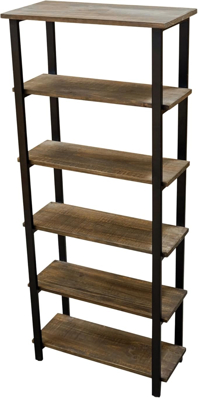 Pomona 6-Tier Bookcase – 70" Tall Solid Wood with Metal Frame Bookshelf – Durable Industrial Storage for Home Office, Living Room, or Bedroom by Alaterre Furniture (Brown Lacquer Finish)