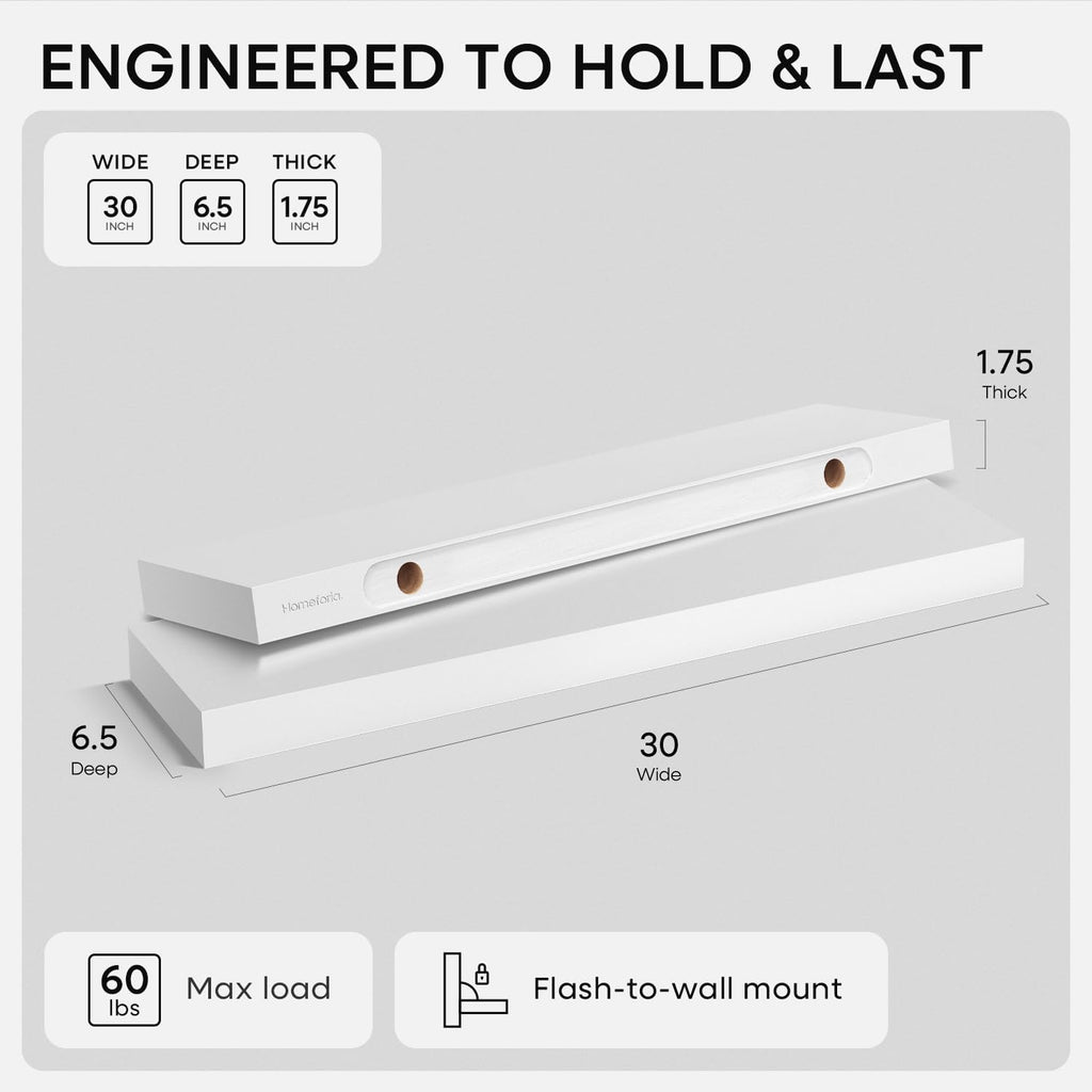 Homeforia White Floating Shelves 30 inch, High End Solid Real Wood 30inch Floating Shelf for Wall Mounted, White Wooden 30in Long Floating Shelves, Heavy Duty Bracket, 30 X 6.5 X 1.75 inches, Set of 2