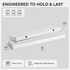 Homeforia White Floating Shelves 30 inch, High End Solid Real Wood 30inch Floating Shelf for Wall Mounted, White Wooden 30in Long Floating Shelves, Heavy Duty Bracket, 30 X 6.5 X 1.75 inches, Set of 2