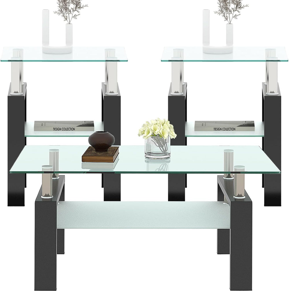 ODUSE-DAILY Glass Coffee Table - Black Metal Frame Set of 3 Living Room Table...