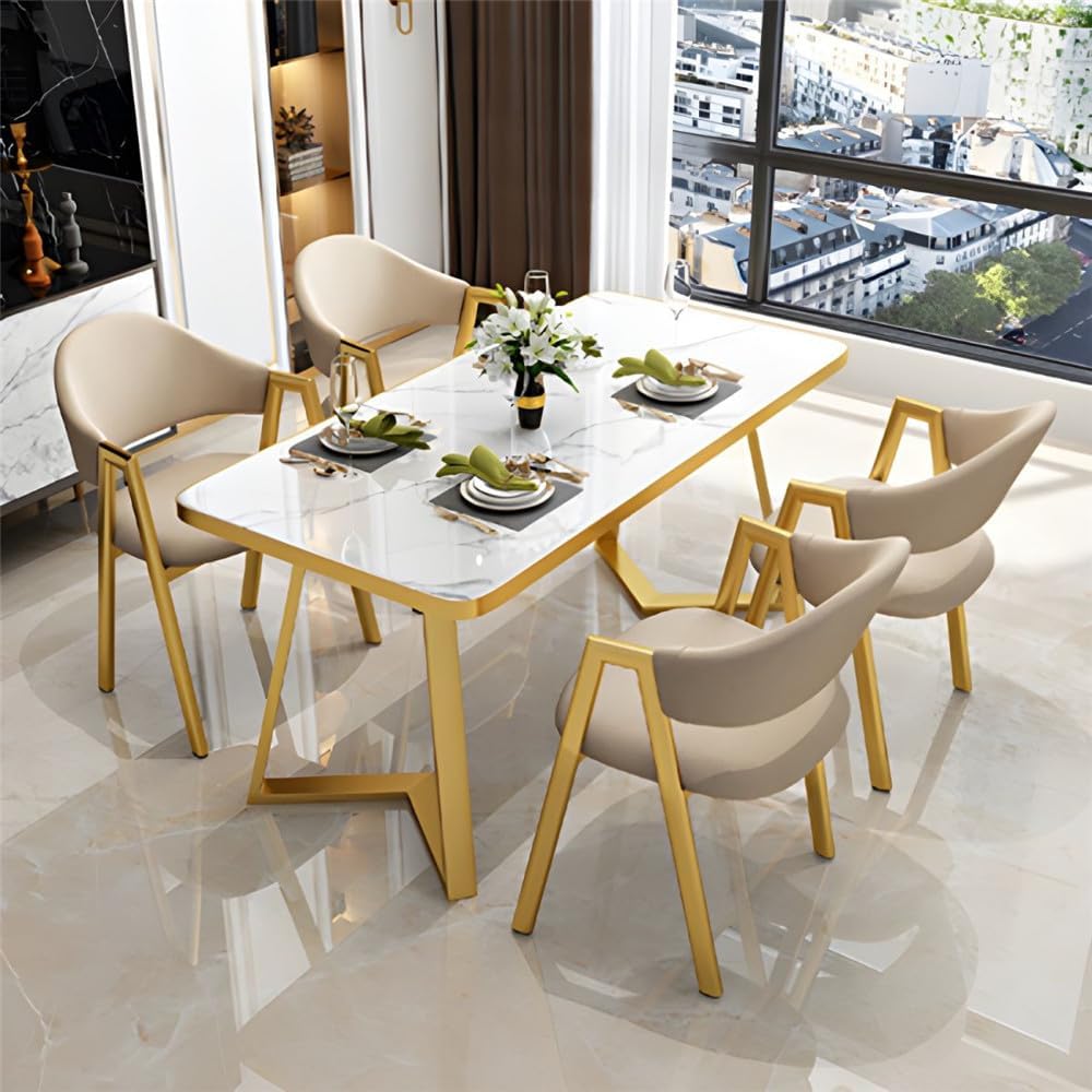 Dining Table Set Marble Stone Tabletop Nordic Style Dining Table Rectangle for Dining Room Kitchen Leisure 5 Piece (Contains 4 Chairs 1 Table) -Yellow