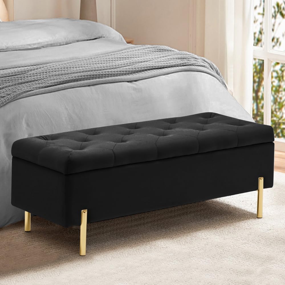 45.6 Inch Velvet Storage Bench Tufted Upholstered Ottoman Bench, Bedroom Benc...