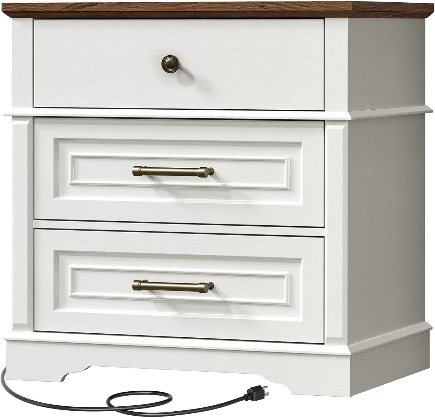 RALGEND 29.5" Tall Nightstand with Charging Station, 3 Drawer Farmhouse Night Stand, 27.6" Wide End Table with Storage, Large Bedside Table for Bedroom Living Room, White and Walnut